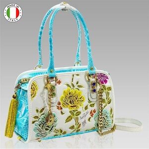 Marino Orlandi Handpainted Peonies East West Aquamarine Leather Purse Tote Bag